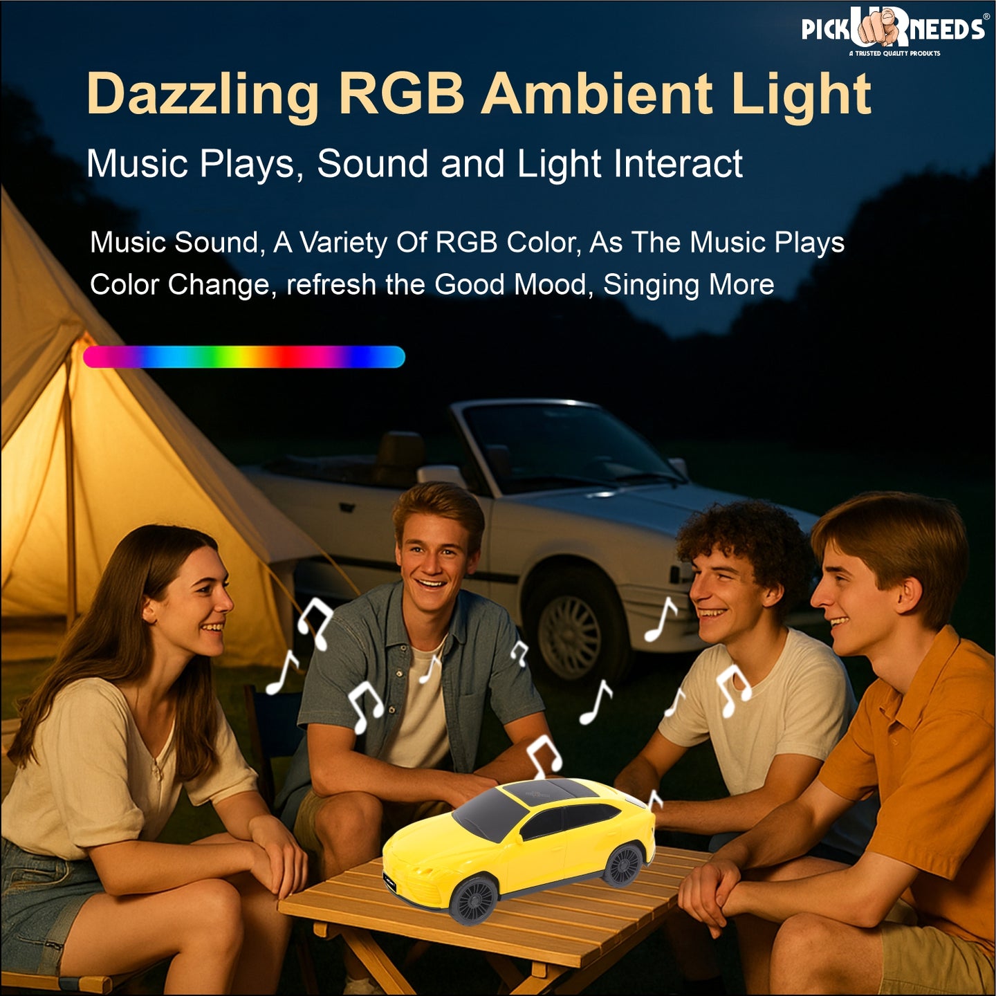 Pick Ur Needs Rechargeable Car-Shaped Speaker – RGB LED Light, USB/FM/SD Card, Type-C, 1200mAh